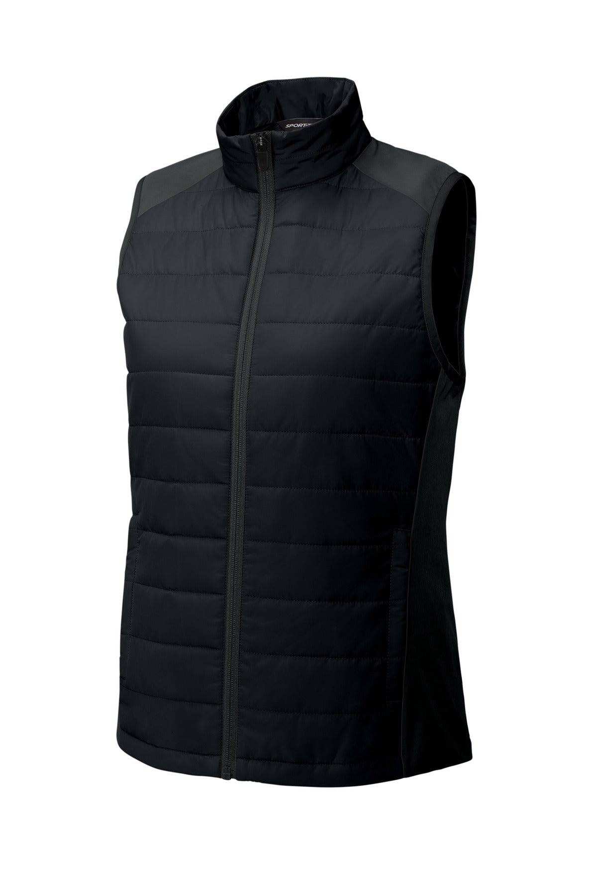 Front View of Black Sport-Tek Women's Teknical Hybrid Vest LST941