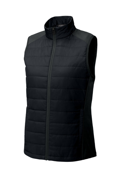 Front View of Black Sport-Tek Women's Teknical Hybrid Vest LST941