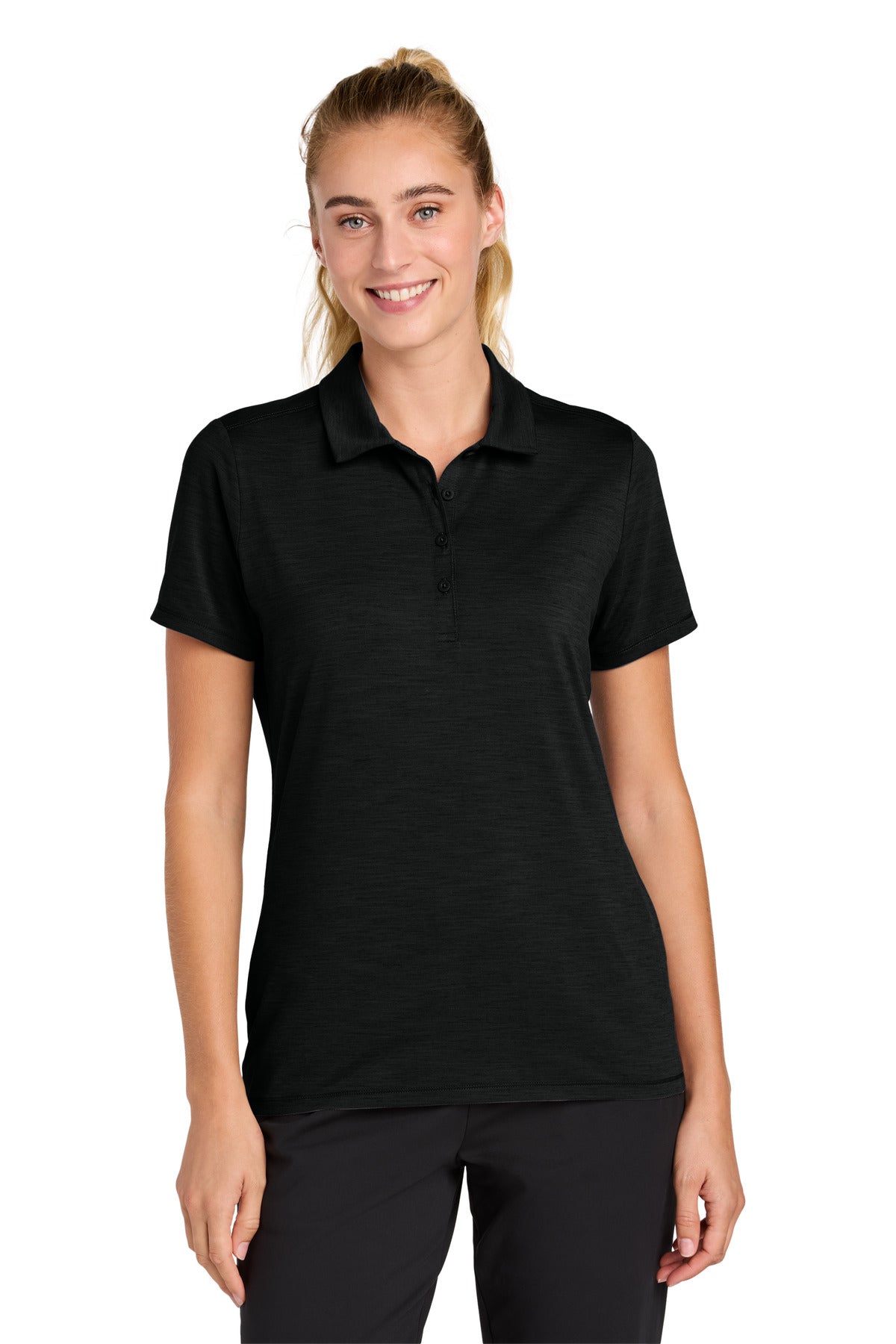 Front View of Black Sport-Tek Women's Versa Polo LST490