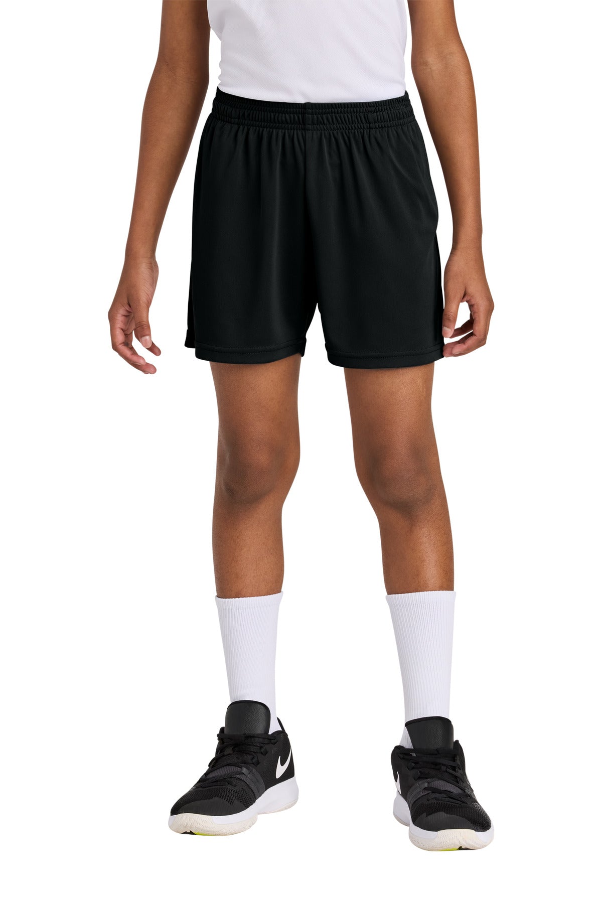 Front View of Black Sport-Tek Youth PosiCharge Competitor 5" Pocketed Short YST349P