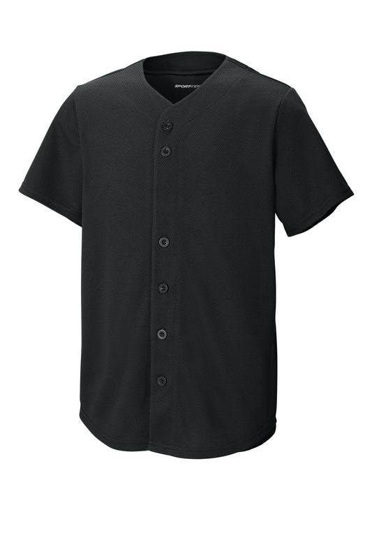Front View of Black Sport-Tek Youth PosiCharge Tough Mesh Full-Button Jersey YST220