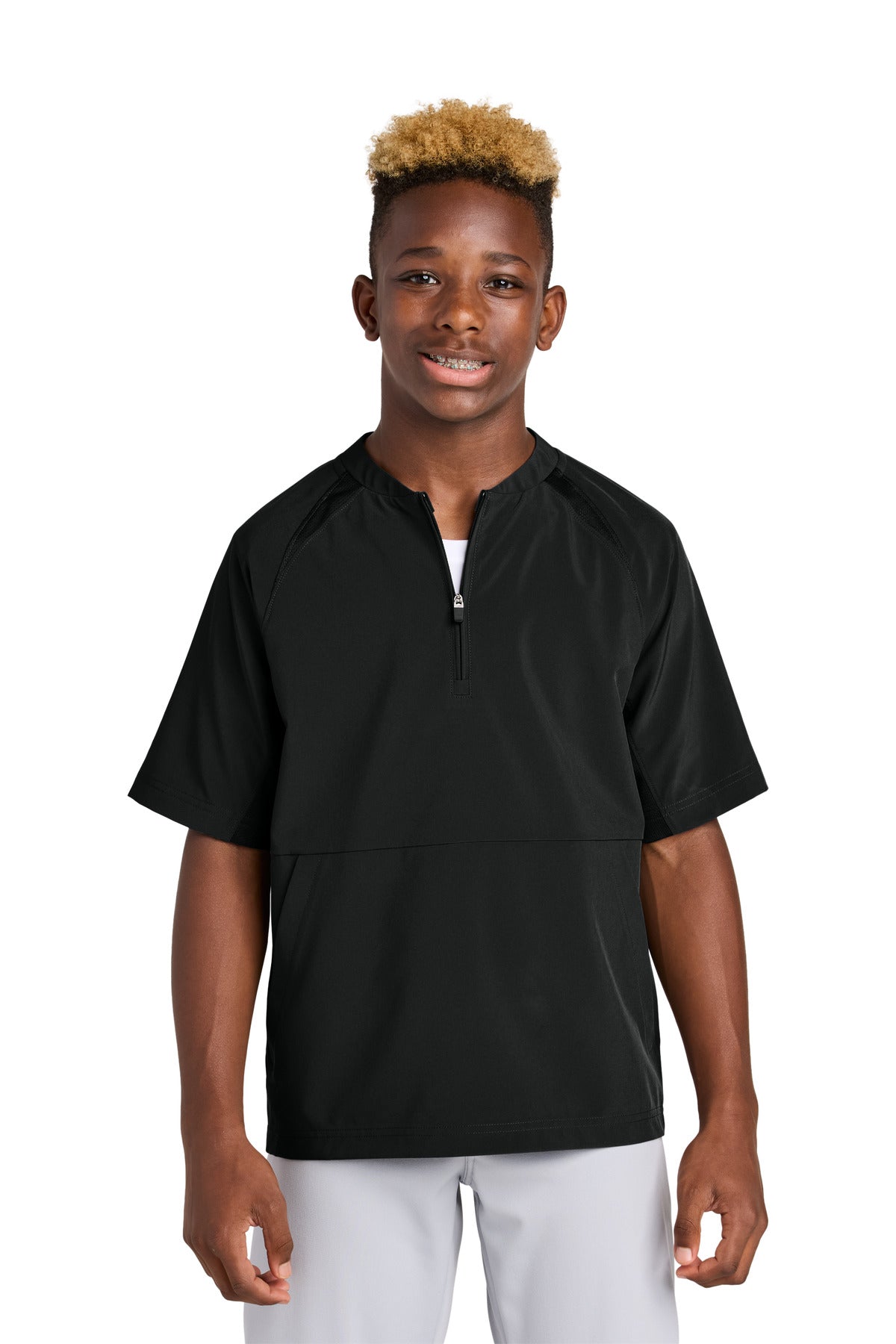 Front View of Black Sport-Tek Youth Repeat 1/2-Zip Short Sleeve Jacket YJST489