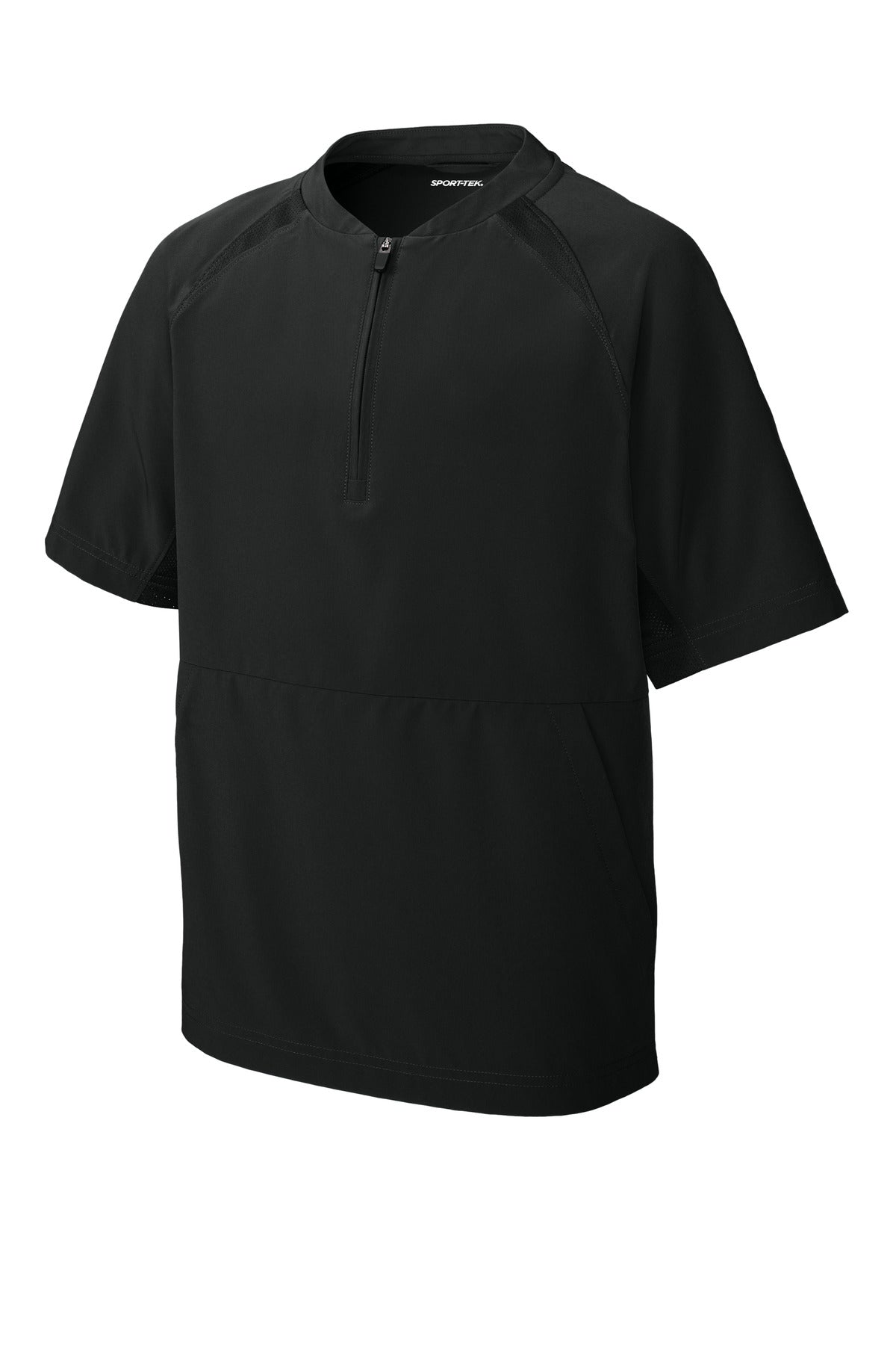 Front View of Black Sport-Tek Youth Repeat 1/2-Zip Short Sleeve Jacket YJST489