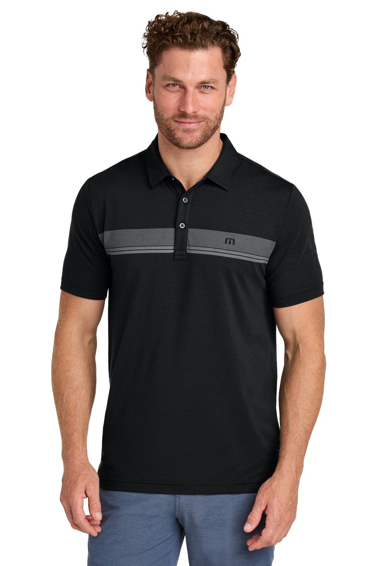Front View of Black TravisMathew Glenview Stripe Polo TMA41462