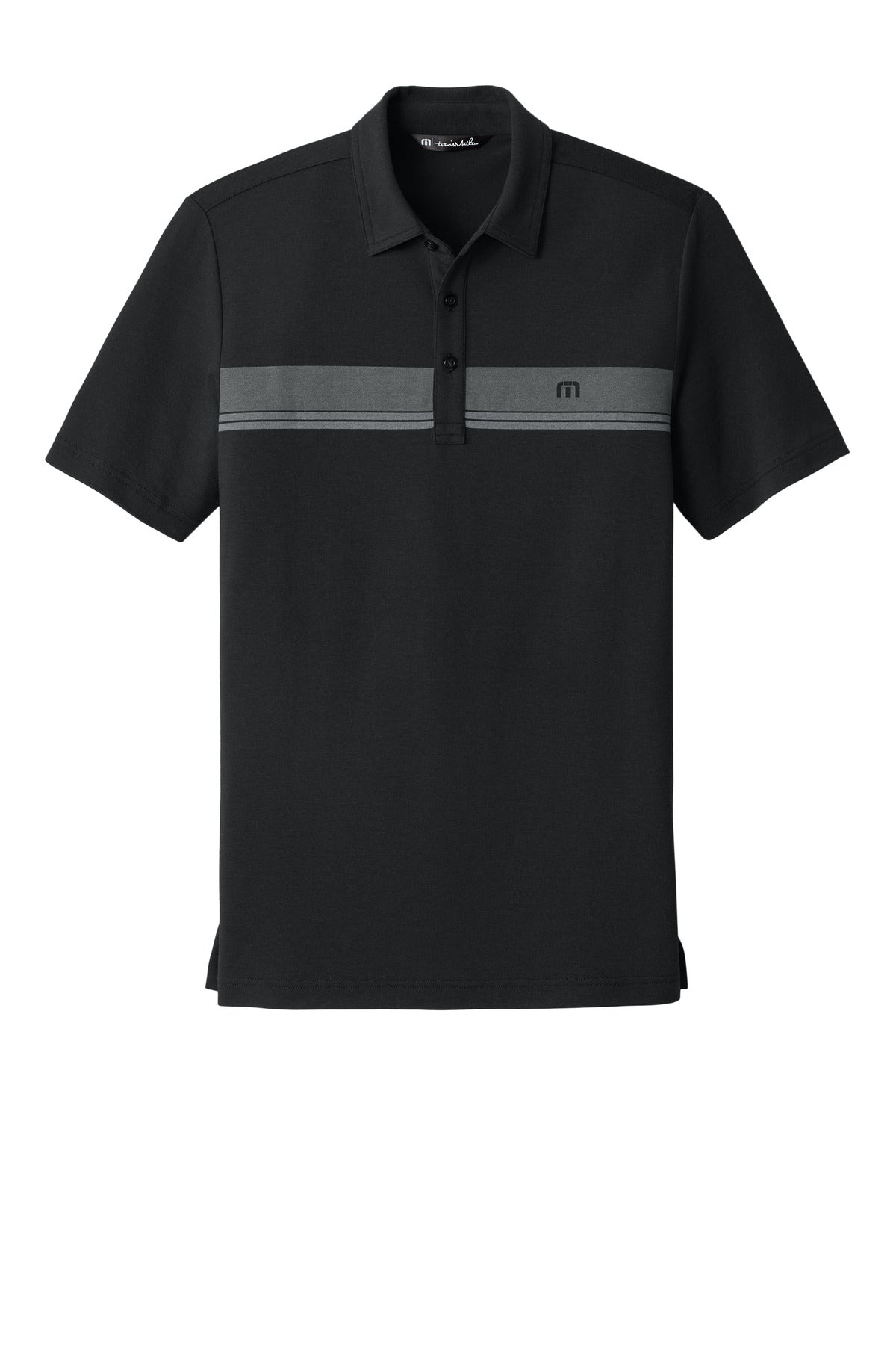Front View of Black TravisMathew Glenview Stripe Polo TMA41462