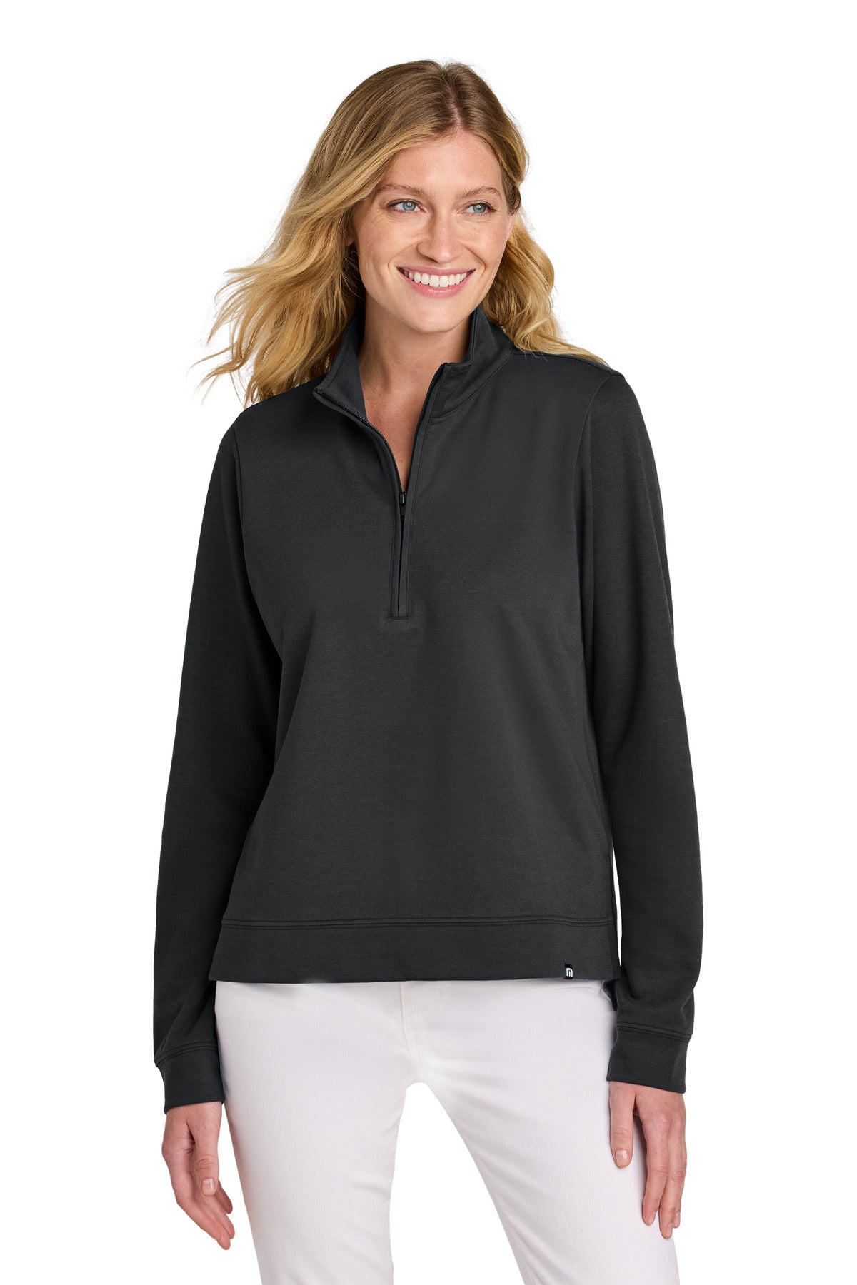 Front View of Black TravisMathew Women's Coveside 1/2-Zip TM1LD007
