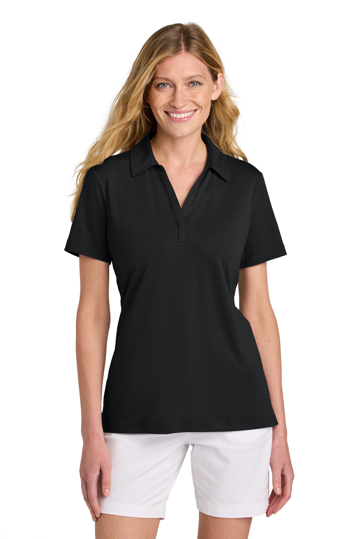 Front View of Black TravisMathew Women's Glenview Solid Polo TM1LF071