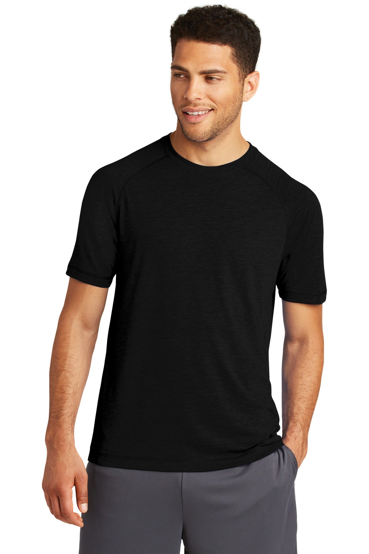 Front View of Black Triad So Sport-Tek PosiCharge Tri-Blend Wicking Raglan Tee. ST400