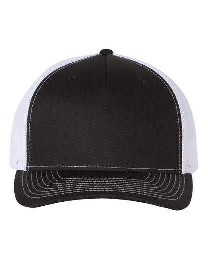Front View of Black/ White Five-Panel Trucker Cap - 112FP