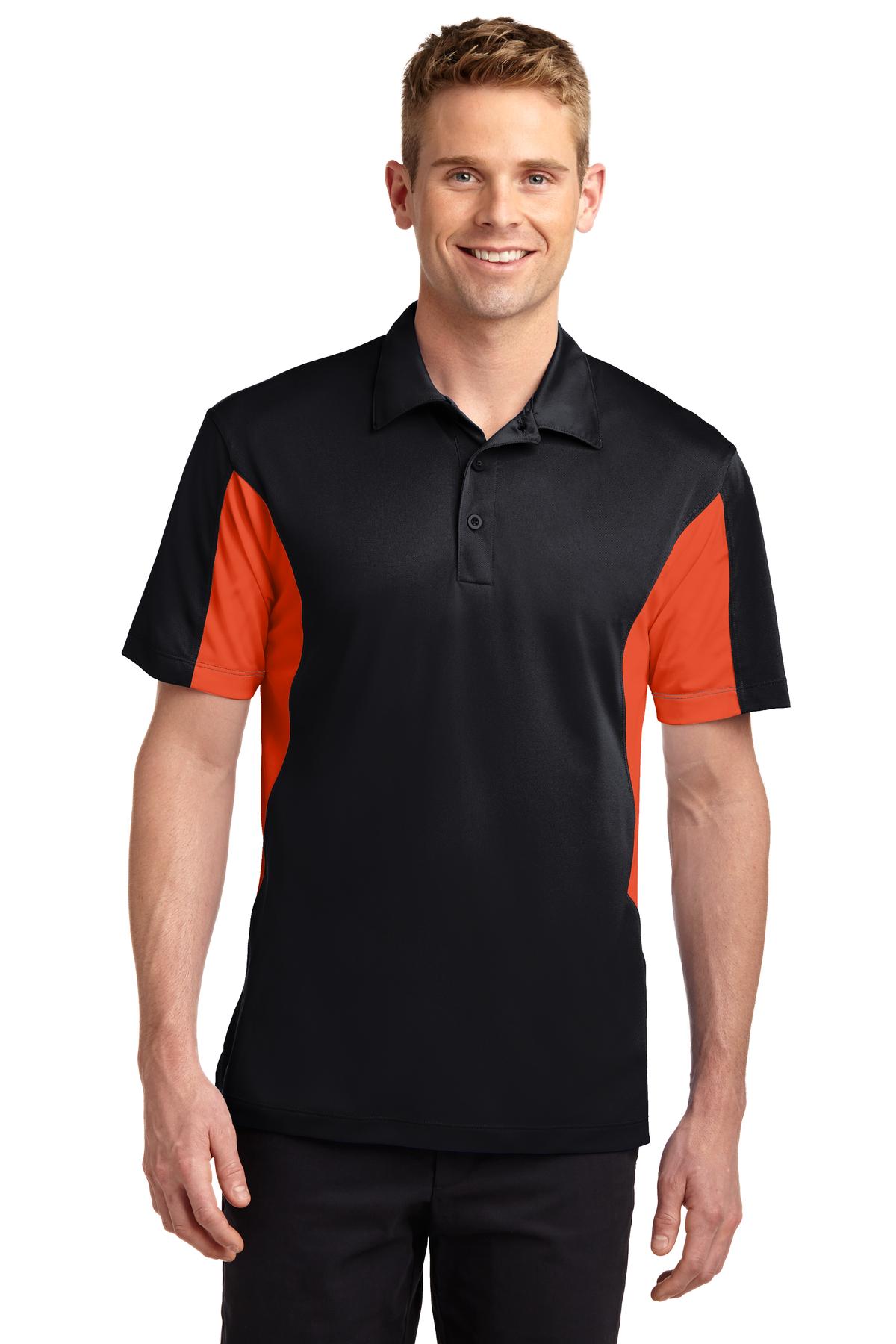 Front View of Black/Dp Orng Sport-Tek Side Blocked Micropique Sport-Wick Polo. ST655