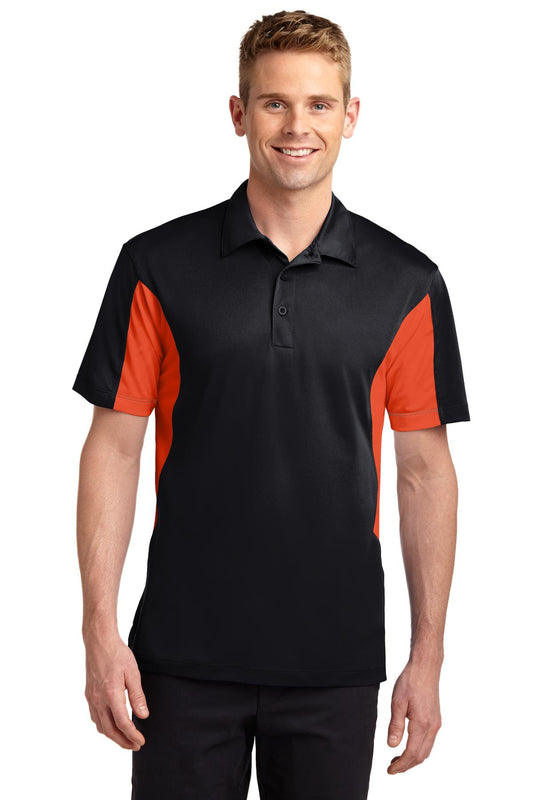 Front View of Black/Dp Orng Sport-Tek Side Blocked Micropique Sport-Wick Polo. ST655