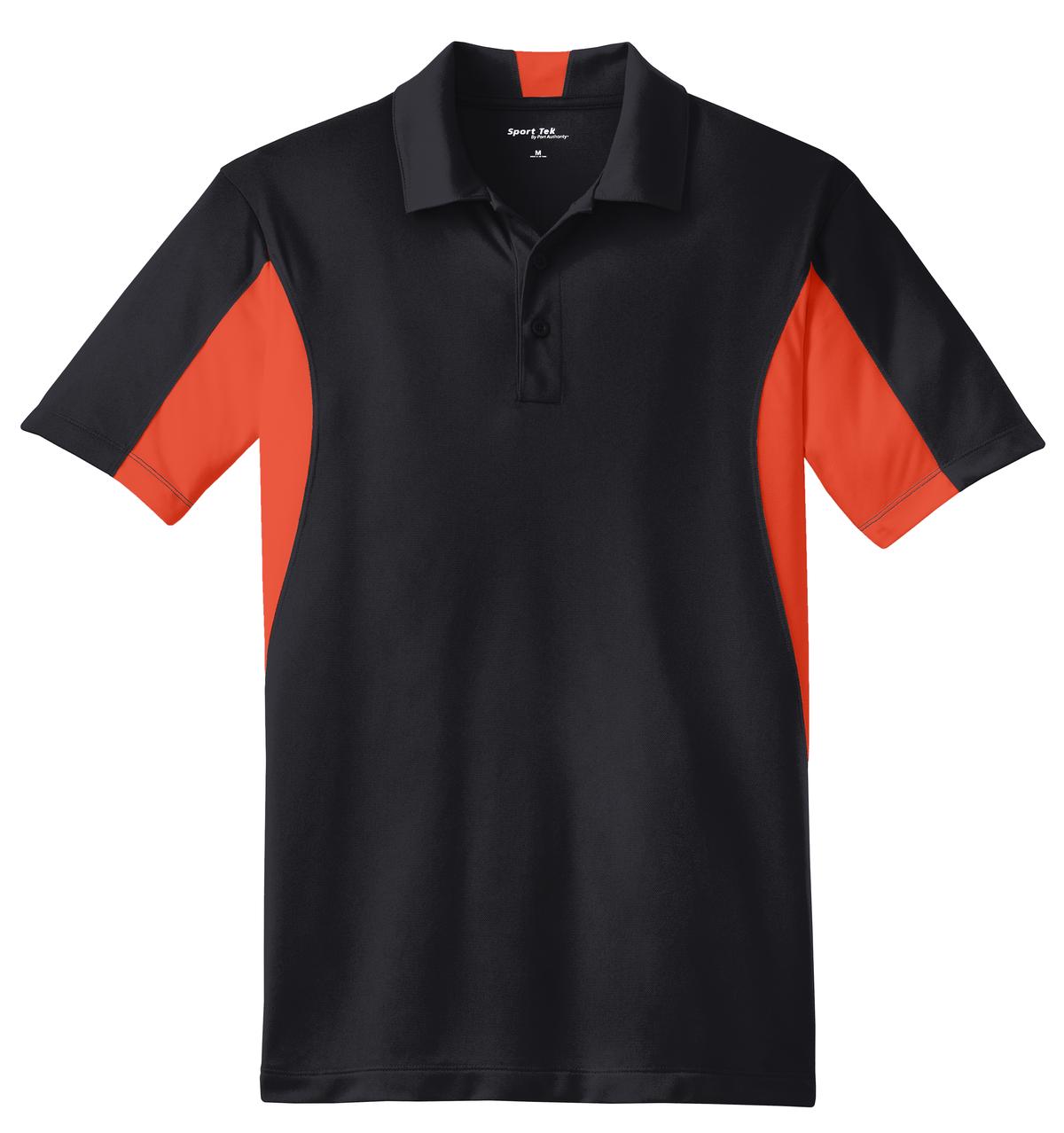 Front View of Black/Dp Orng Sport-Tek Side Blocked Micropique Sport-Wick Polo. ST655