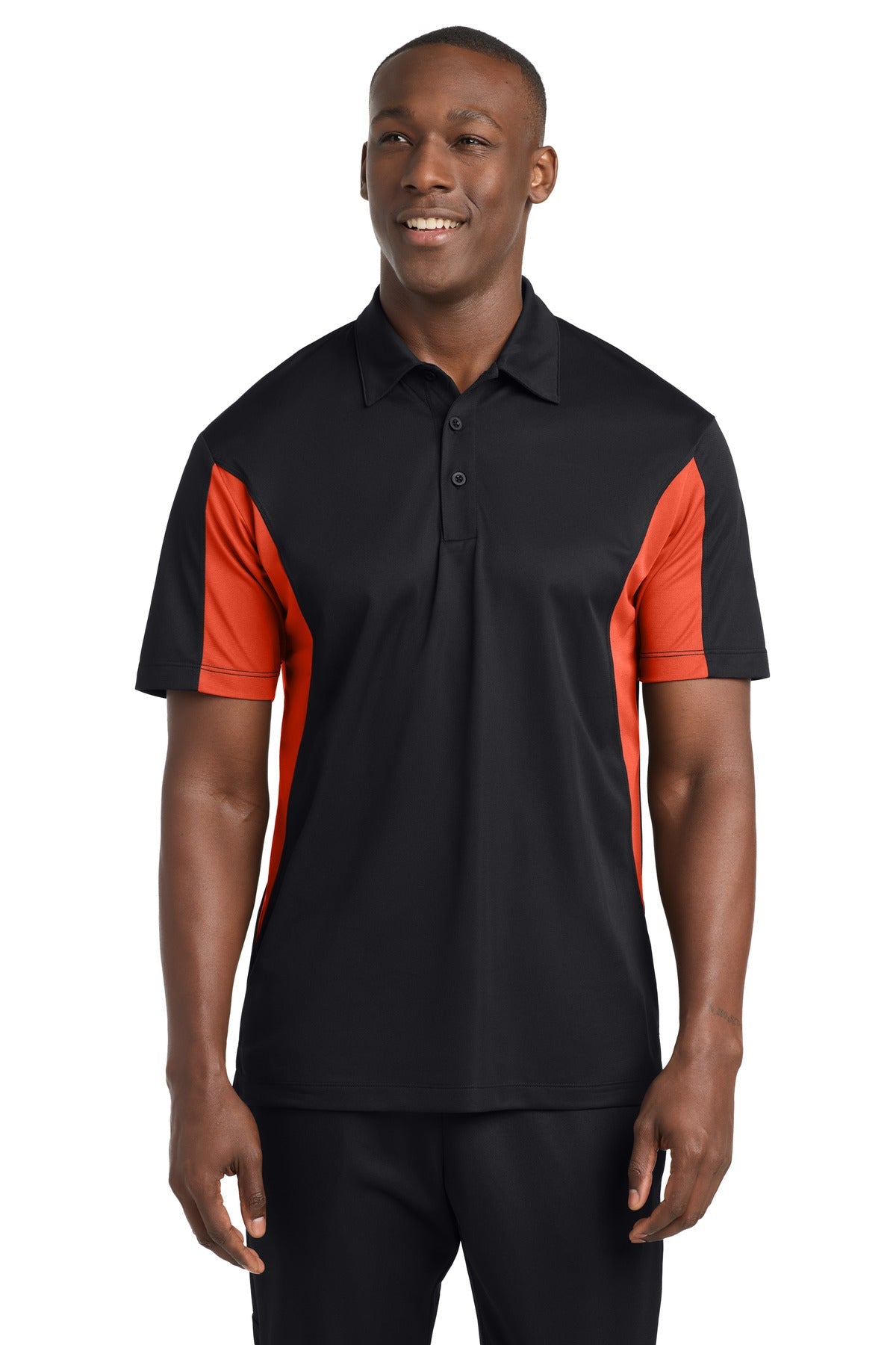 Front View of Black/Dp Orng Sport-Tek Side Blocked Micropique Sport-Wick Polo. ST655
