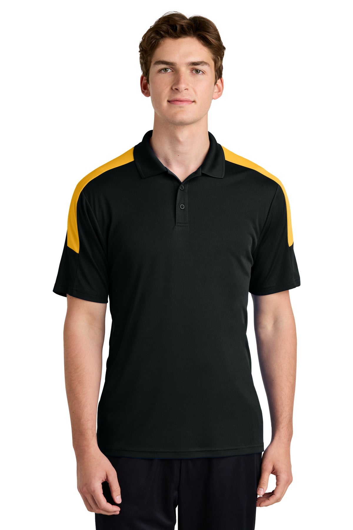 Front View of Black/Gold Sport-Tek Competitor United Polo ST104