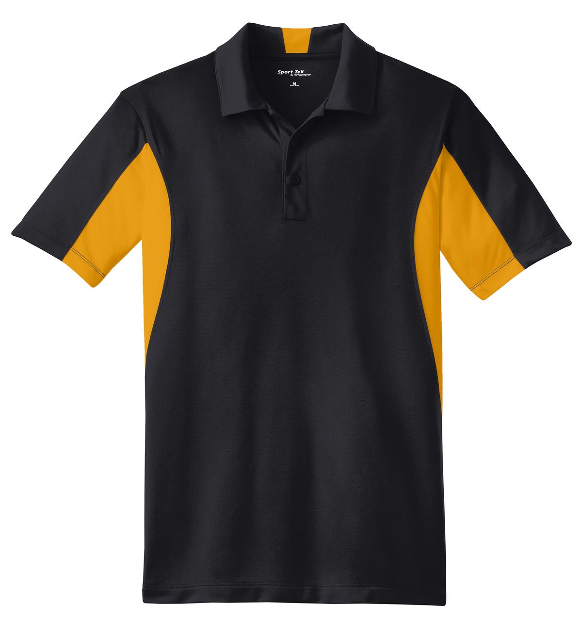 Front View of Black/Gold Sport-Tek Side Blocked Micropique Sport-Wick Polo. ST655