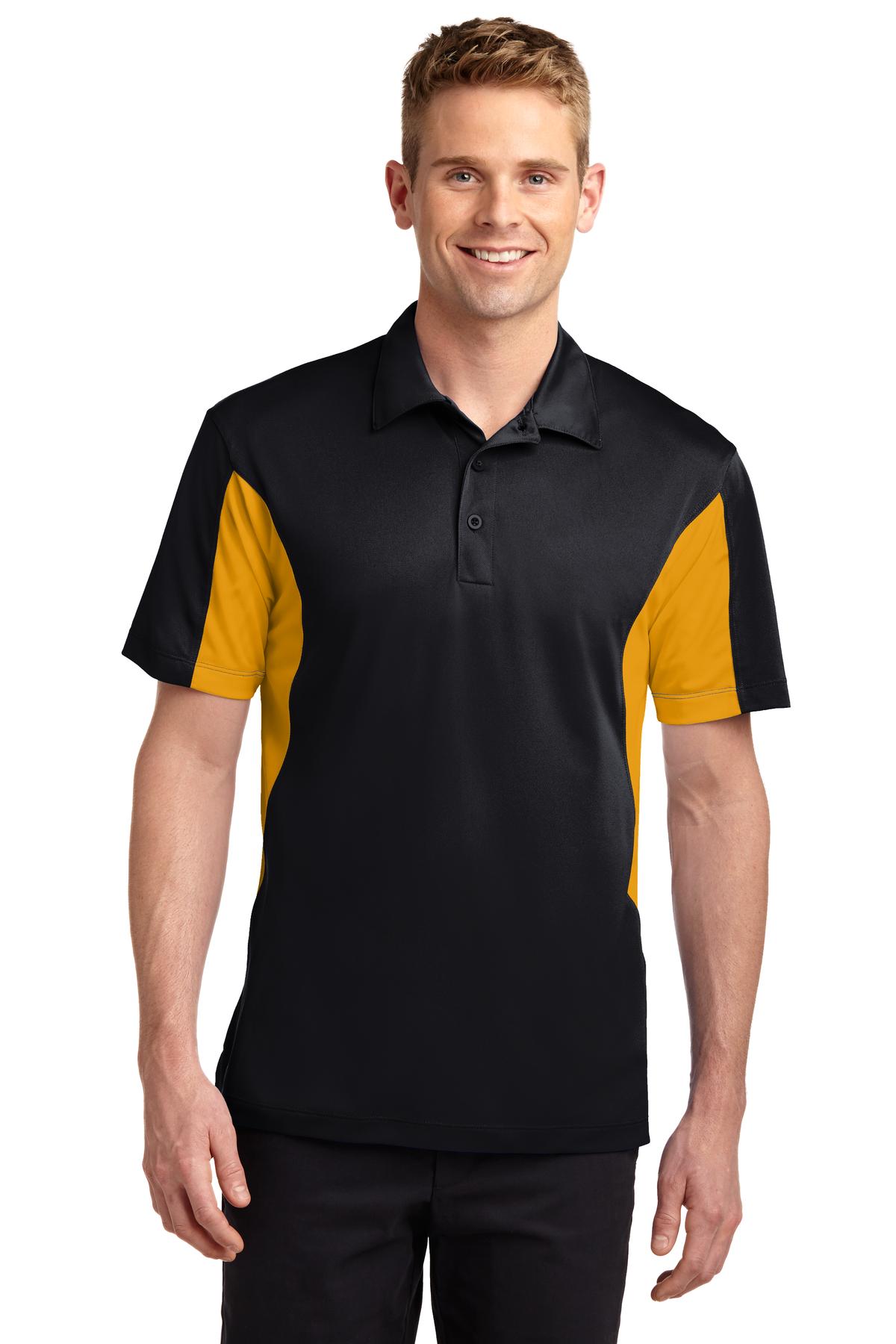 Front View of Black/Gold Sport-Tek Side Blocked Micropique Sport-Wick Polo. ST655