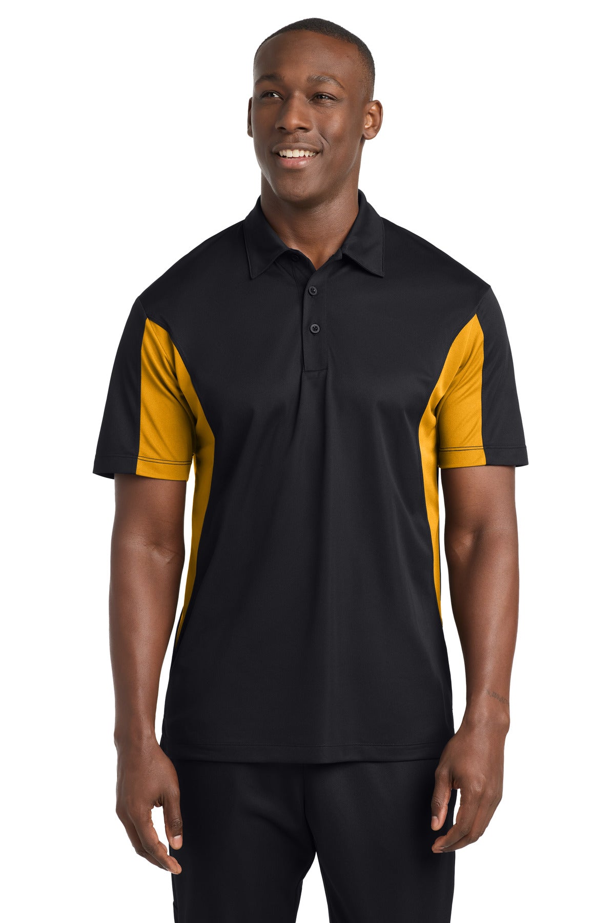 Front View of Black/Gold Sport-Tek Side Blocked Micropique Sport-Wick Polo. ST655