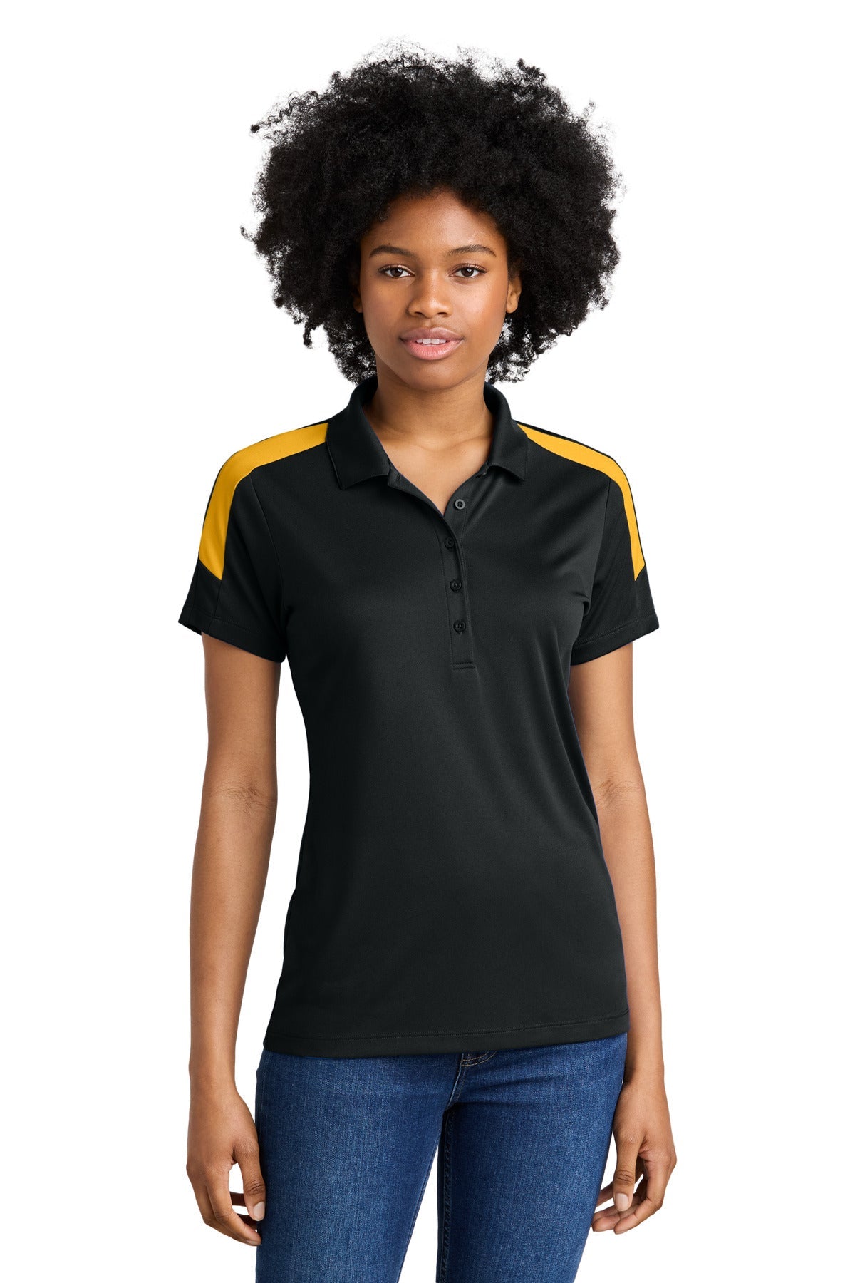 Front View of Black/Gold Sport-Tek Women's Competitor United Polo LST104