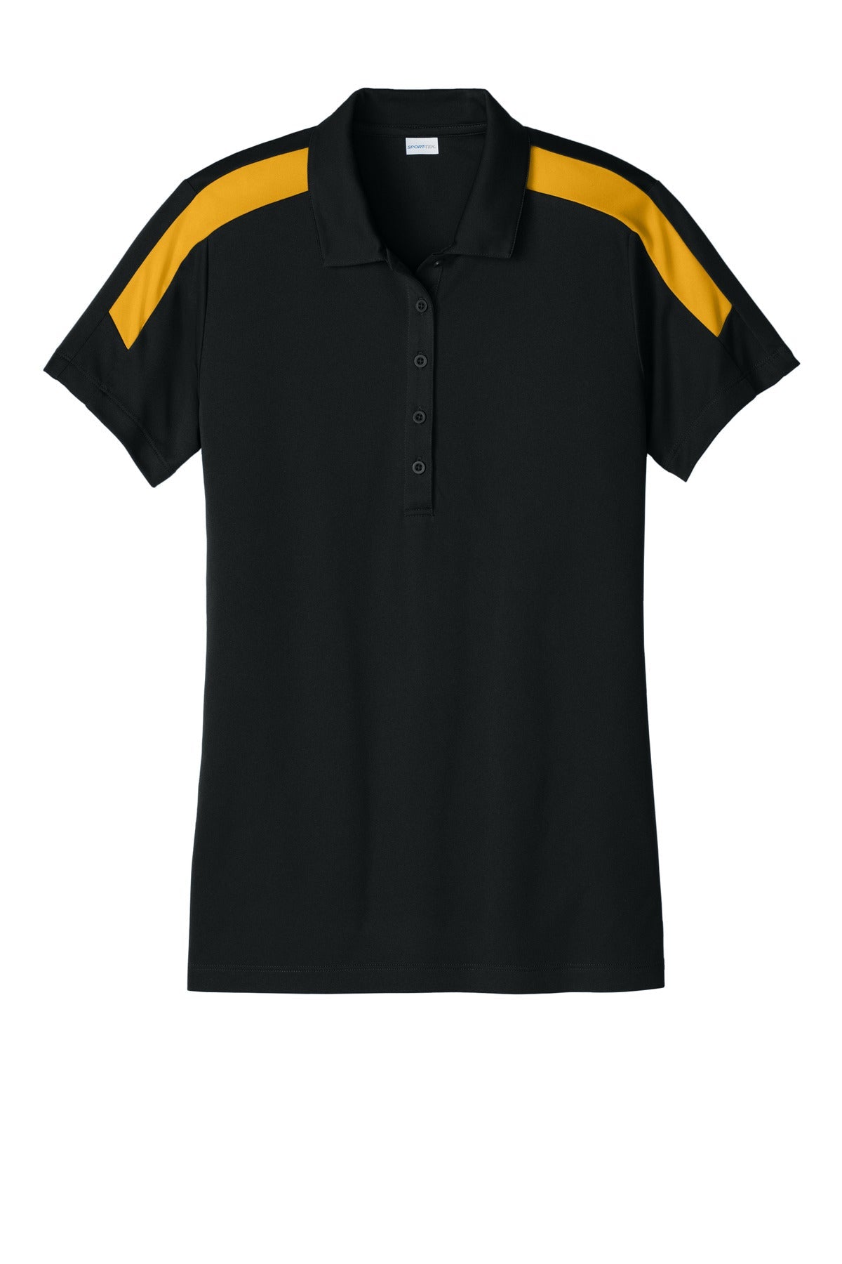 Front View of Black/Gold Sport-Tek Women's Competitor United Polo LST104