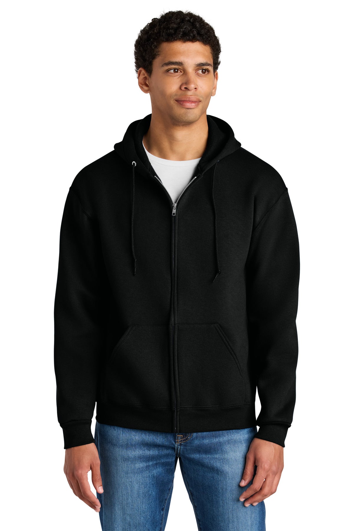 Front View of BlackInk Jerzees Rugged Unisex Full-Zip Hooded Sweatshirt Z12M