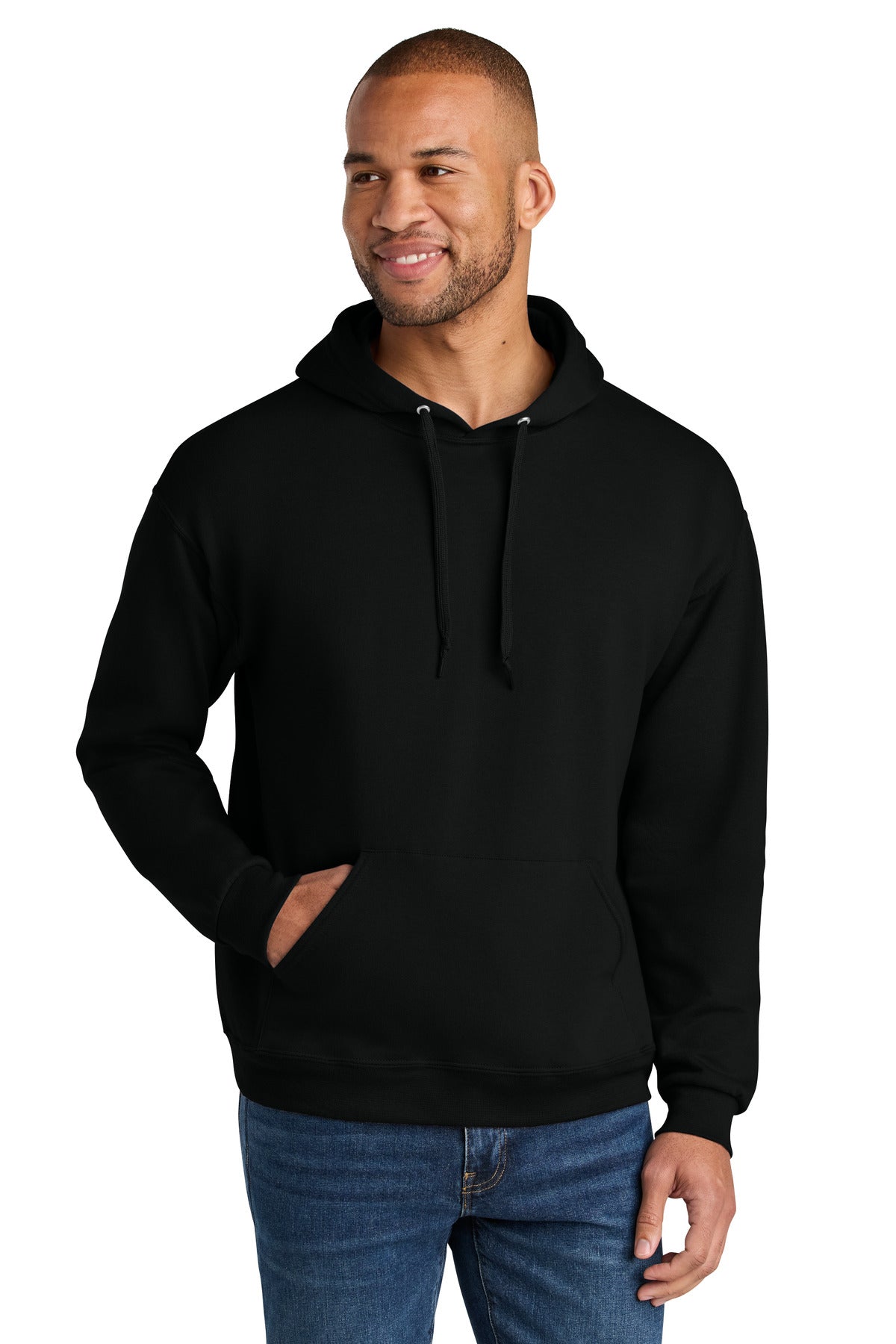 Front View of BlackInk Jerzees Ultimate Unisex CVC Ring Spun Hooded Sweatshirt IC49M
