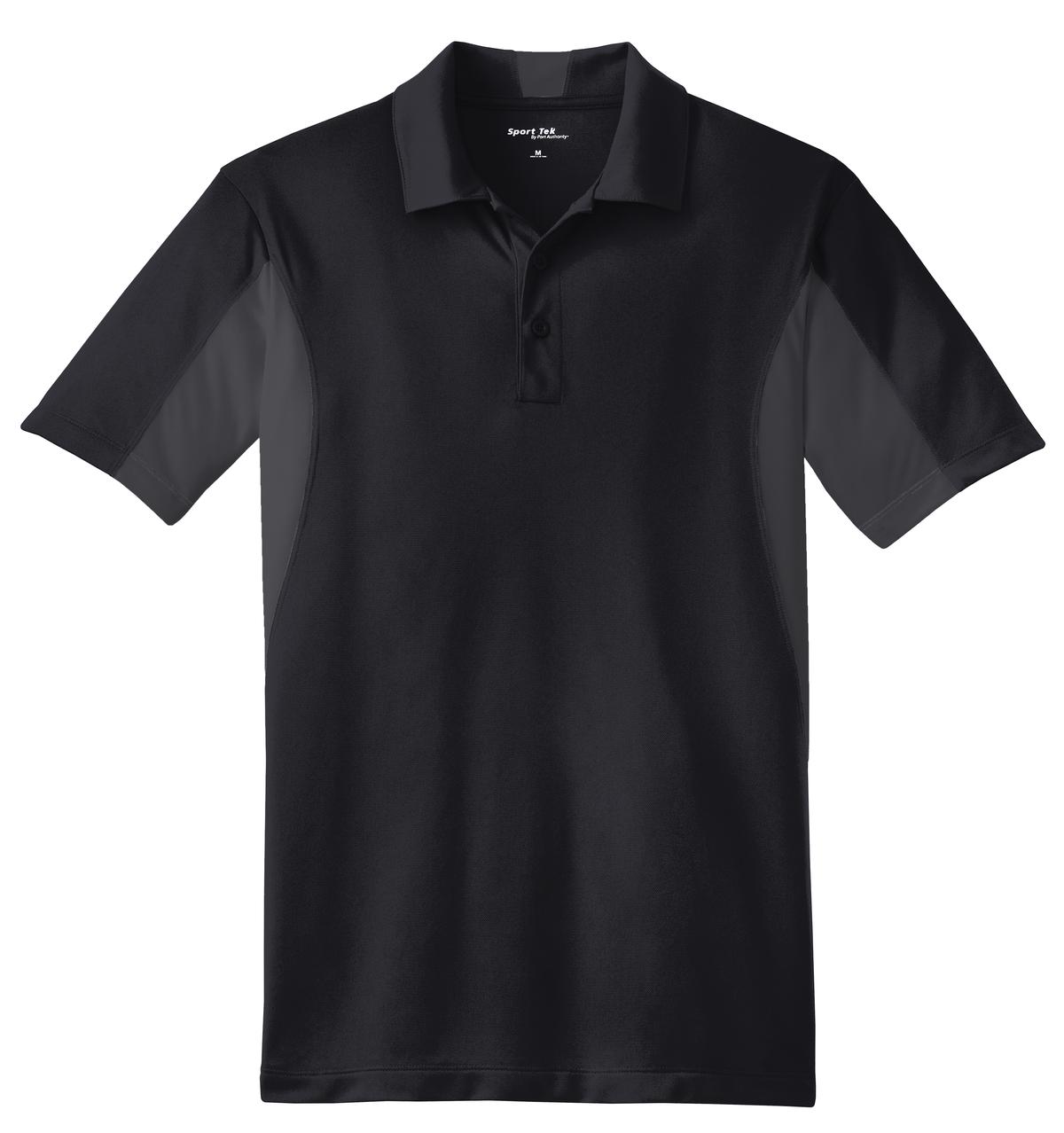 Front View of Black/Iron Gry Sport-Tek Side Blocked Micropique Sport-Wick Polo. ST655