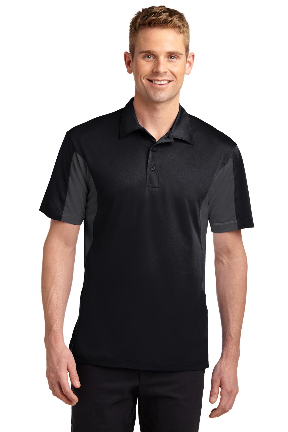 Front View of Black/Iron Gry Sport-Tek Side Blocked Micropique Sport-Wick Polo. ST655
