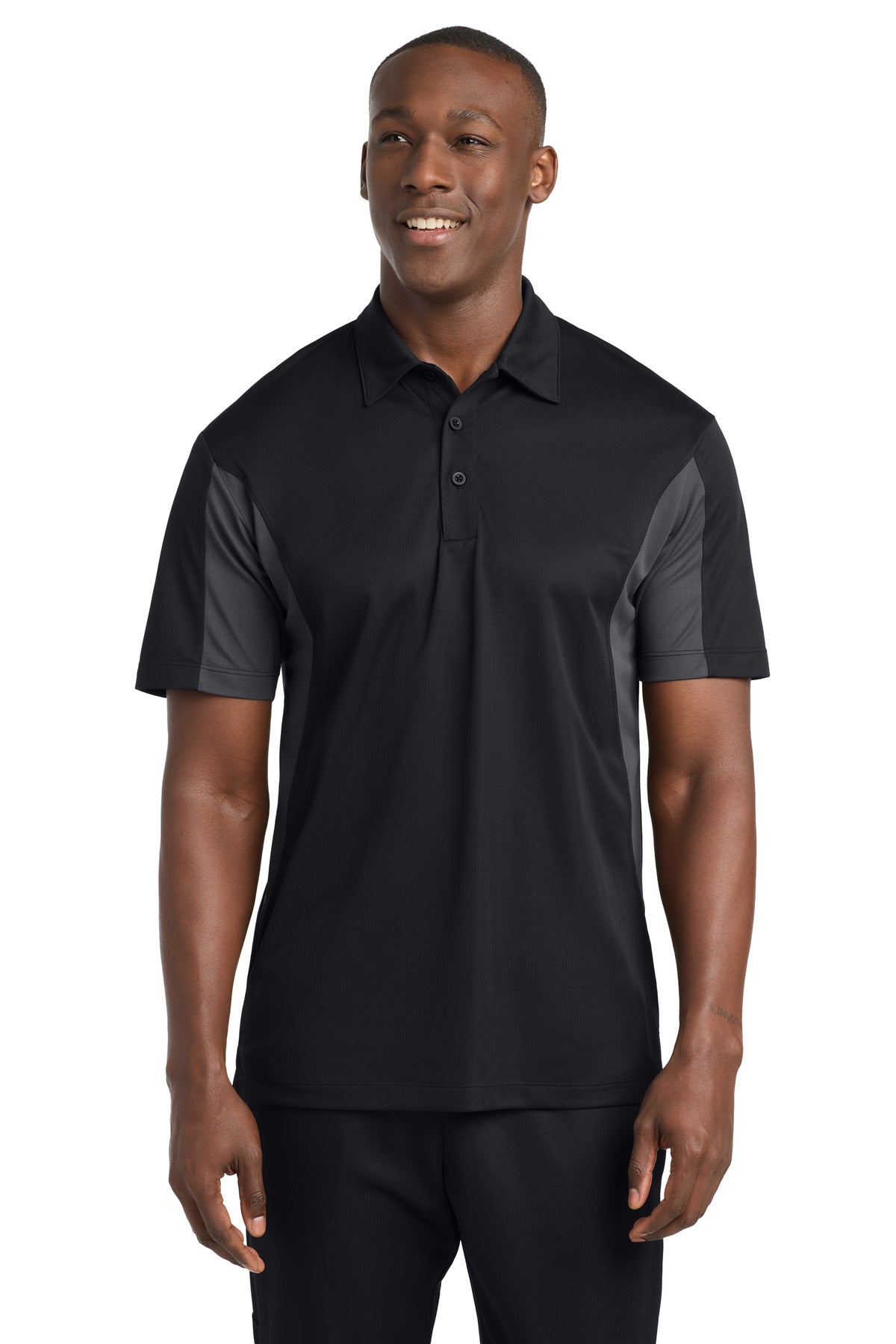 Front View of Black/Iron Gry Sport-Tek Side Blocked Micropique Sport-Wick Polo. ST655