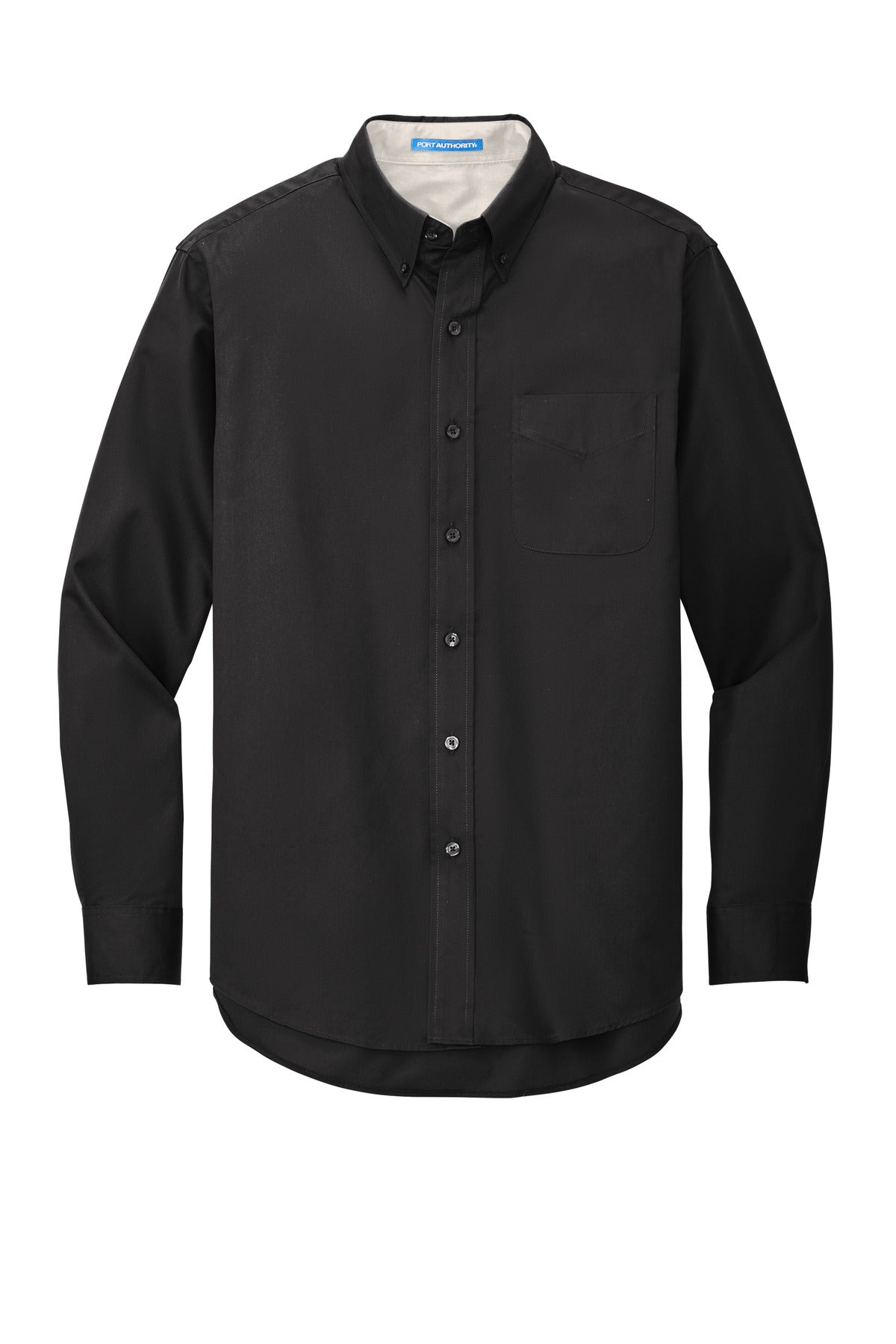 Front View of Black/Lt Stone Port Authority Long Sleeve Easy Care Shirt S608