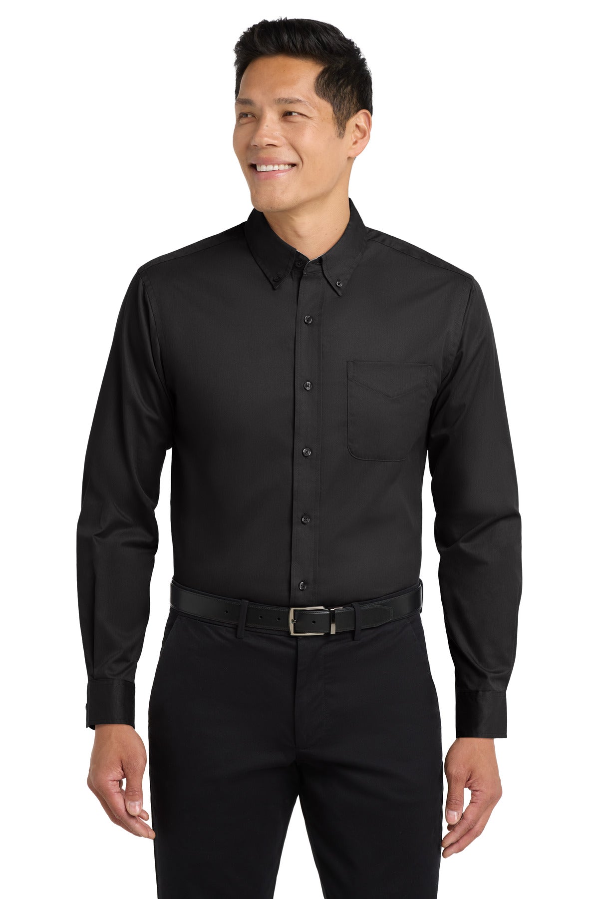 Front View of Black/Lt Stone Port Authority Long Sleeve Easy Care Shirt S608