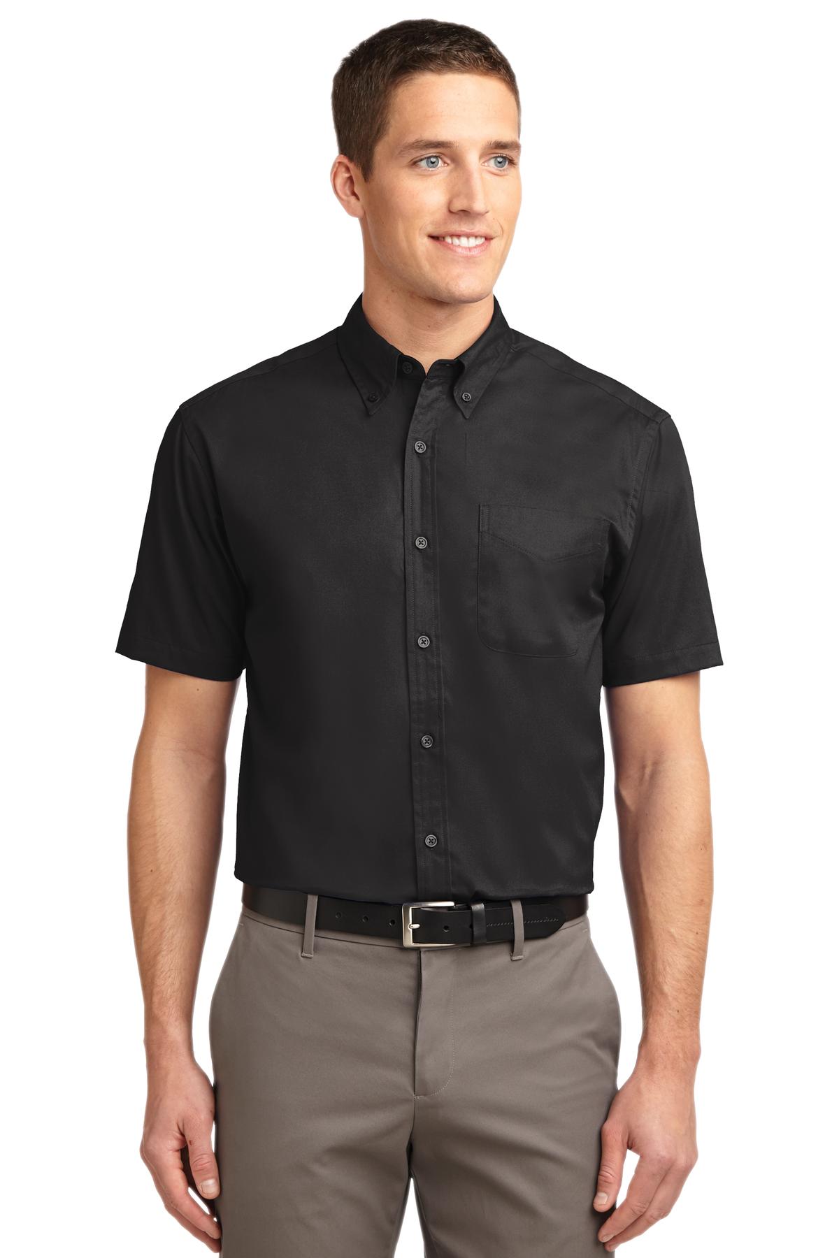 Front View of Black/Lt Stone Port Authority Short Sleeve Easy Care Shirt. S508