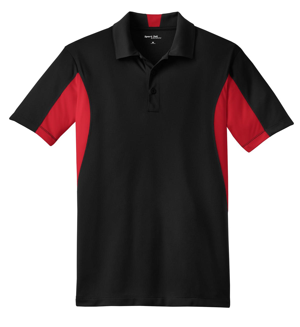 Front View of Black/Red Sport-Tek Side Blocked Micropique Sport-Wick Polo. ST655