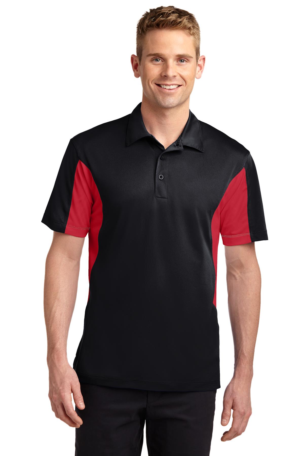 Front View of Black/Red Sport-Tek Side Blocked Micropique Sport-Wick Polo. ST655