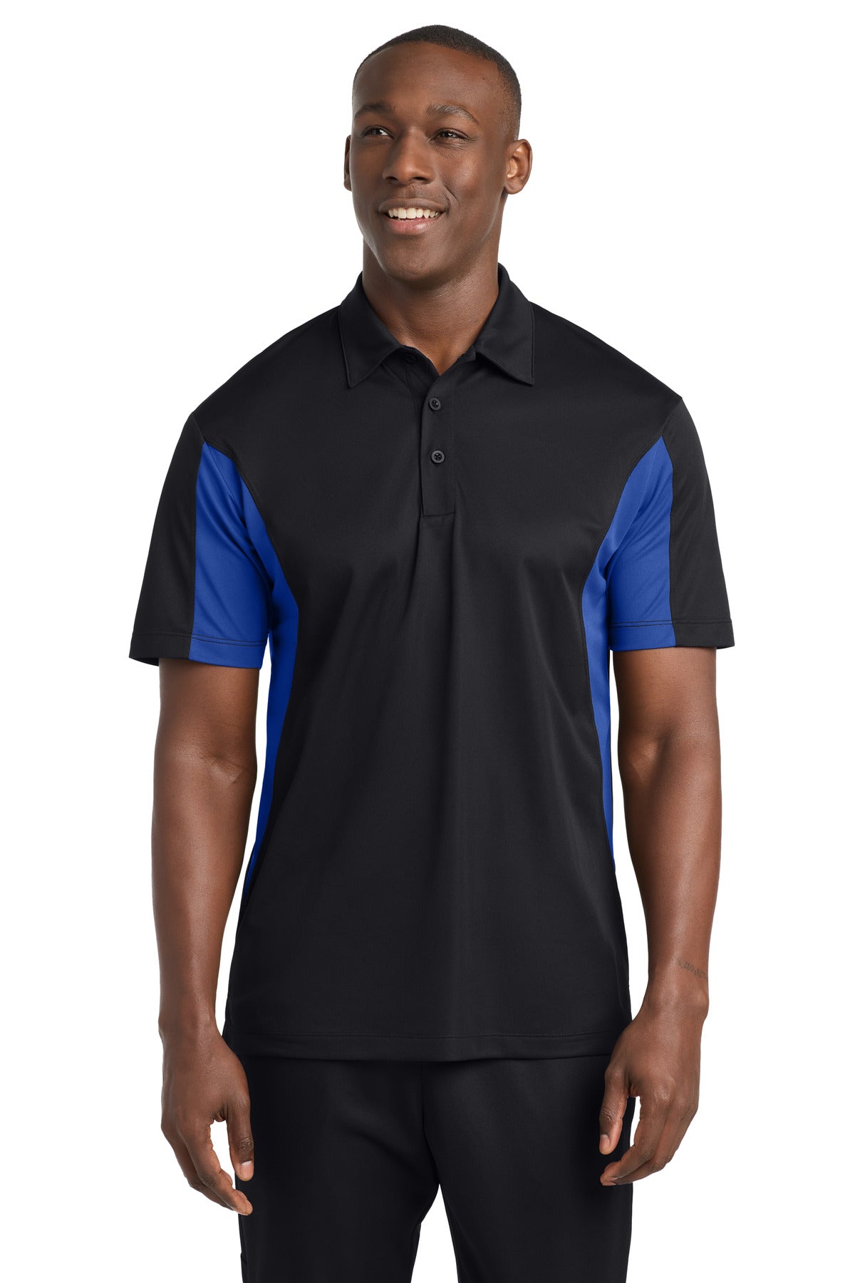 Front View of Black/Tr Royal Sport-Tek Side Blocked Micropique Sport-Wick Polo. ST655