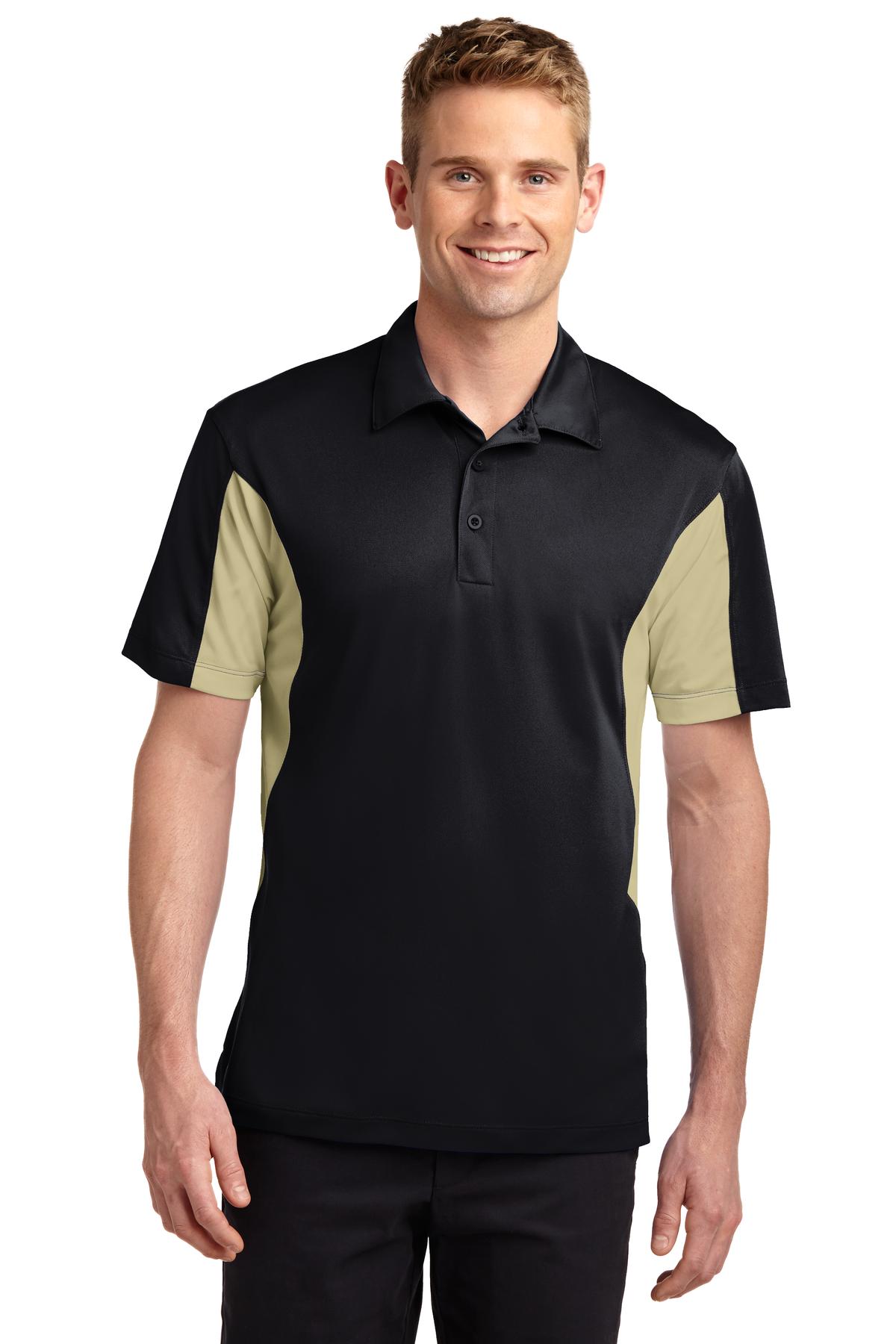 Front View of Black/Vgs Gold Sport-Tek Side Blocked Micropique Sport-Wick Polo. ST655