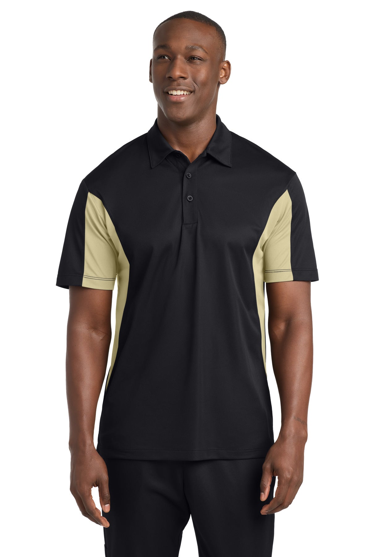 Front View of Black/Vgs Gold Sport-Tek Side Blocked Micropique Sport-Wick Polo. ST655