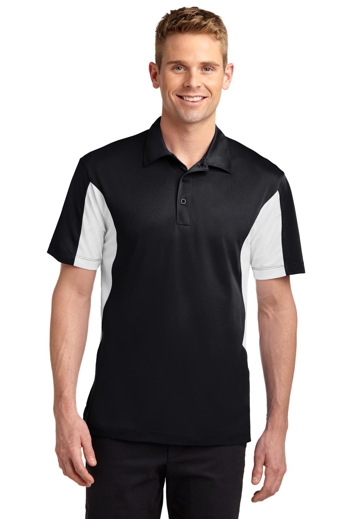 Front View of Black/White Sport-Tek Side Blocked Micropique Sport-Wick Polo. ST655