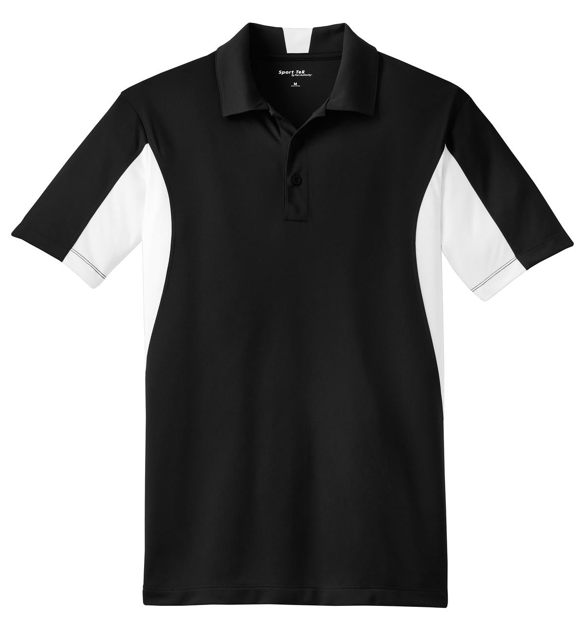 Front View of Black/White Sport-Tek Side Blocked Micropique Sport-Wick Polo. ST655