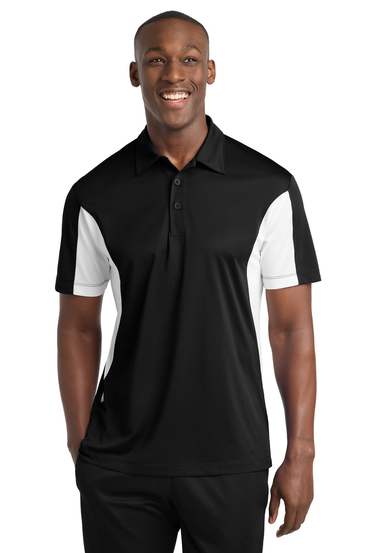 Front View of Black/White Sport-Tek Side Blocked Micropique Sport-Wick Polo. ST655