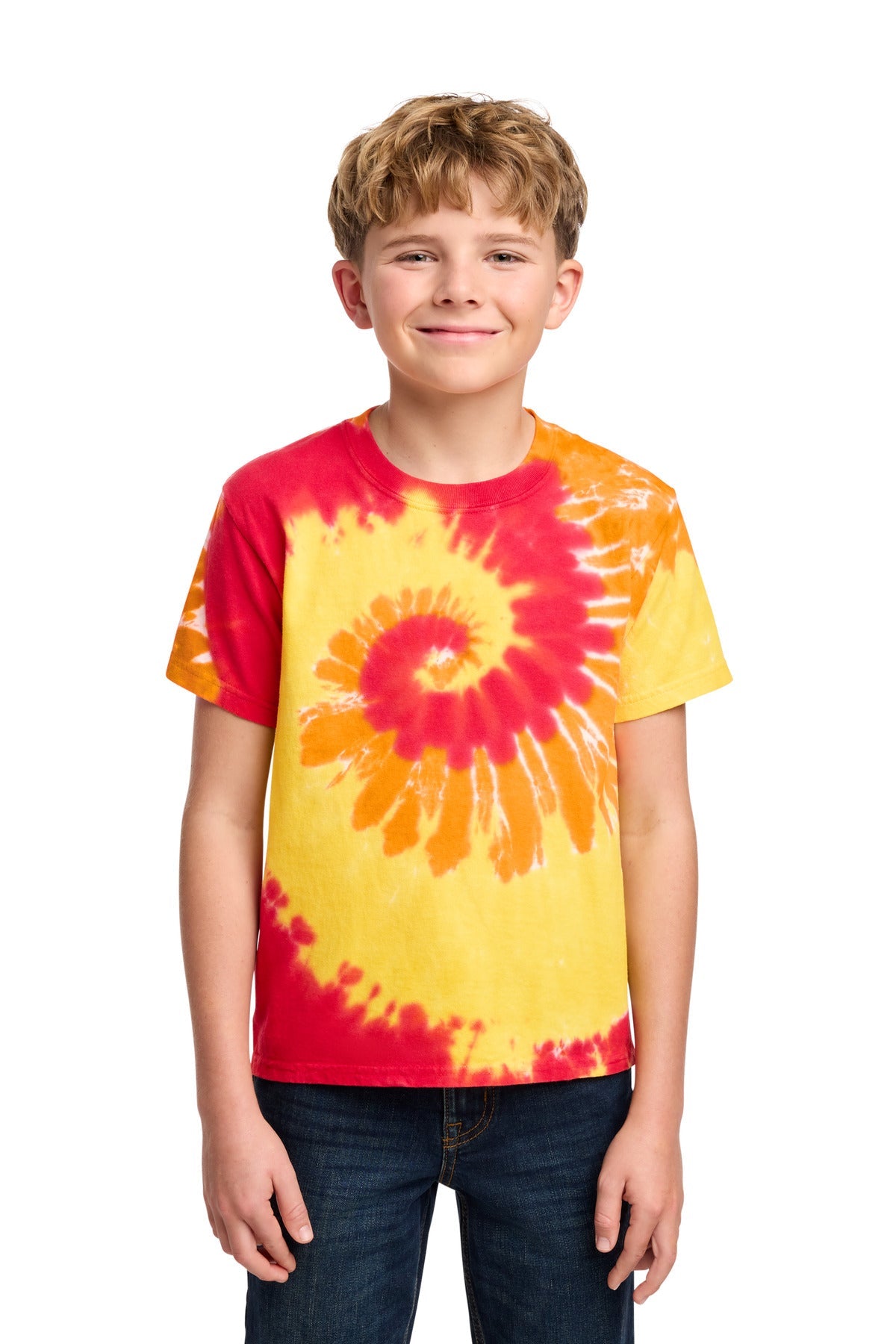 Front View of Blaze Rainbow Port & Co Youth Tie-Dye Tee. PC147Y