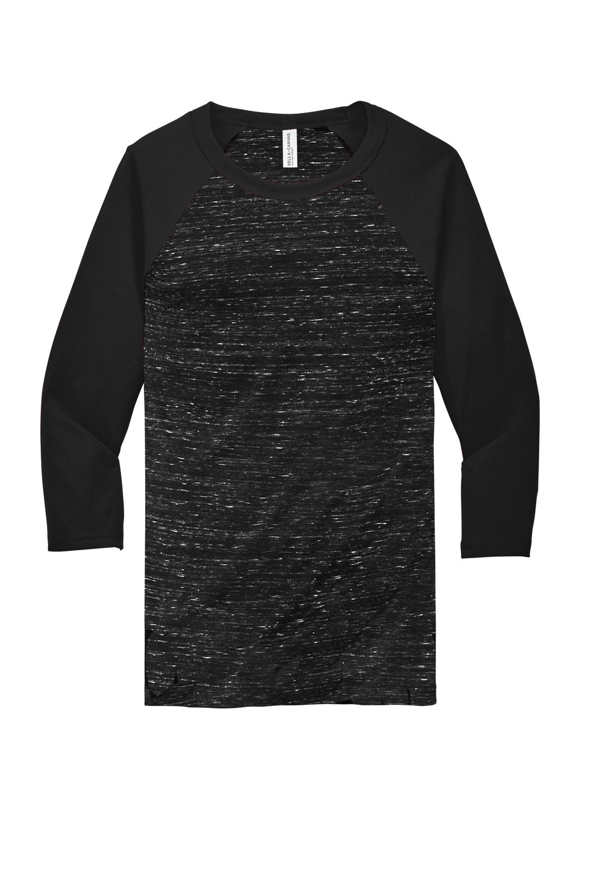 Front View of Blck Marb/Blk BELLA+CANVAS Unisex 3/4-Sleeve Baseball Tee. BC3200
