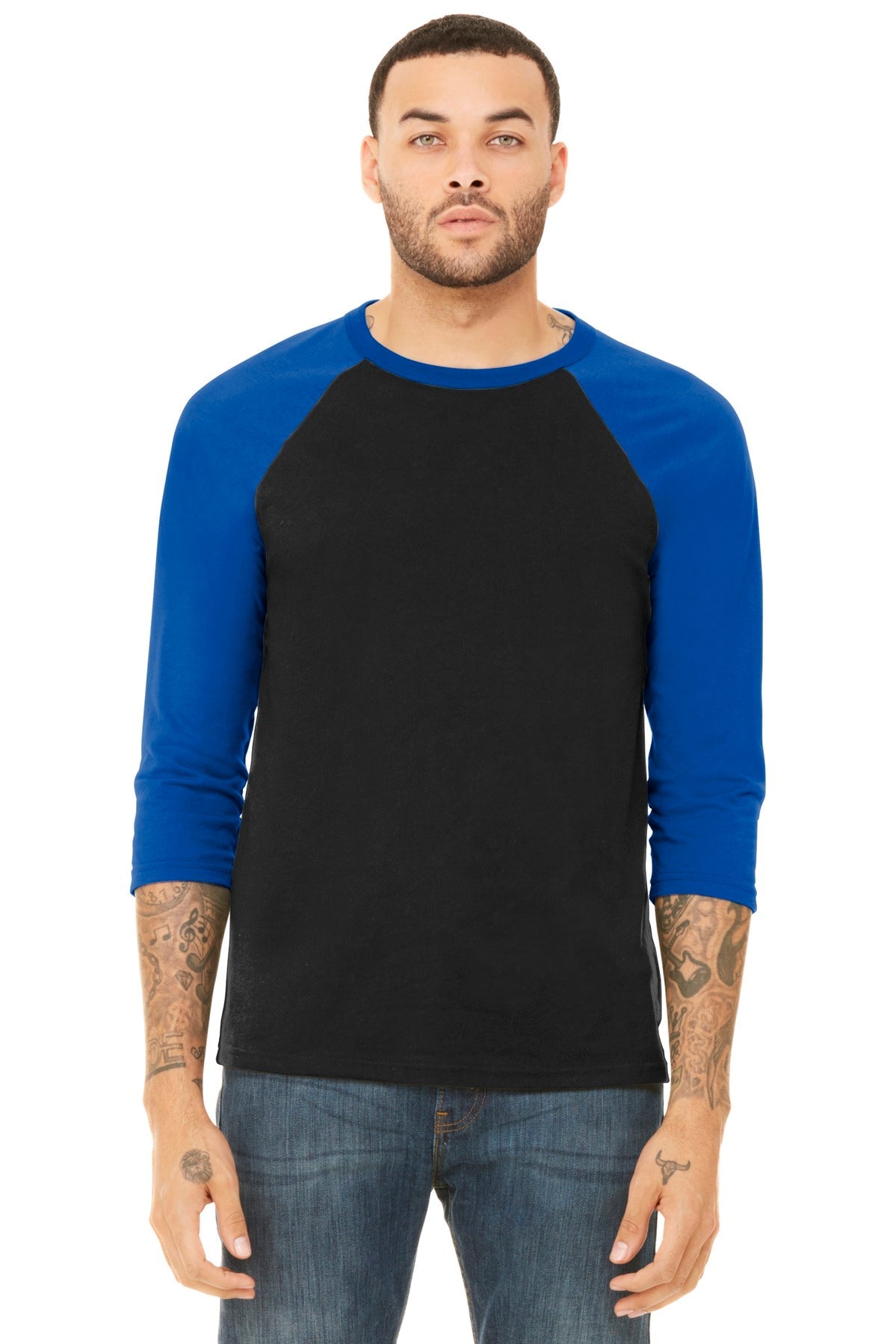 Front View of Blck/True Ryal BELLA+CANVAS Unisex 3/4-Sleeve Baseball Tee. BC3200
