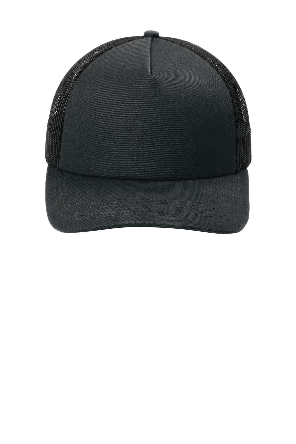 Front View of Blk/Blk Port Authority Low-Profile Snapback 5-Panel Trucker Cap C405LP