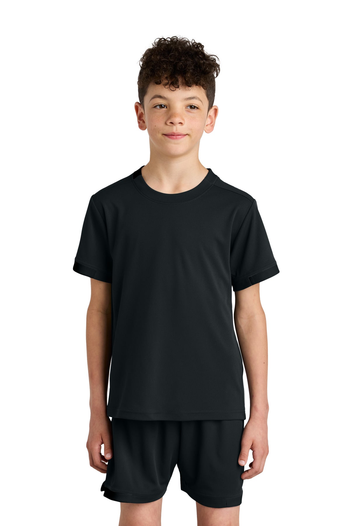 Front View of Blk/Blk Sport-Tek Youth Club Short Sleeve Crew YST440