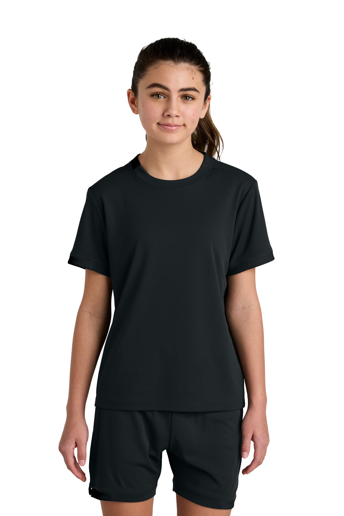 Front View of Blk/Blk Sport-Tek Youth Club Short Sleeve Crew YST440