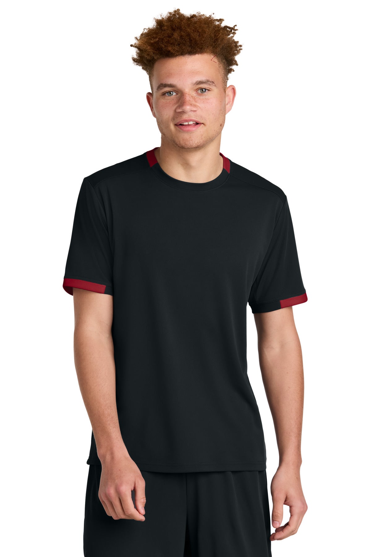 Front View of Blk/DpRed Sport-Tek Club Short Sleeve Crew ST440