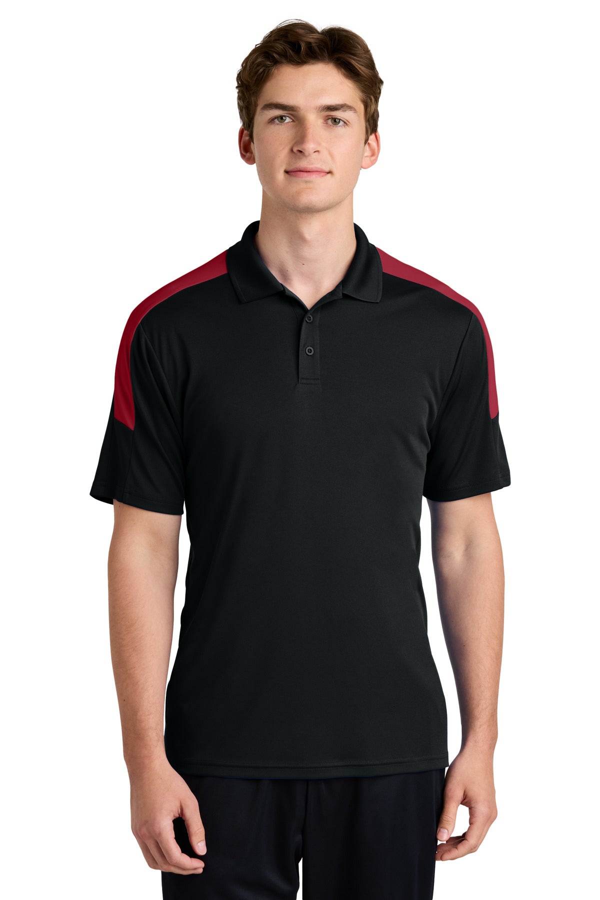 Front View of Blk/DpRed Sport-Tek Competitor United Polo ST104