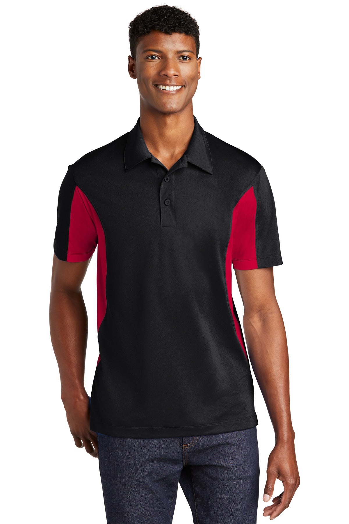 Front View of Blk/DpRed Sport-Tek Side Blocked Micropique Sport-Wick Polo. ST655