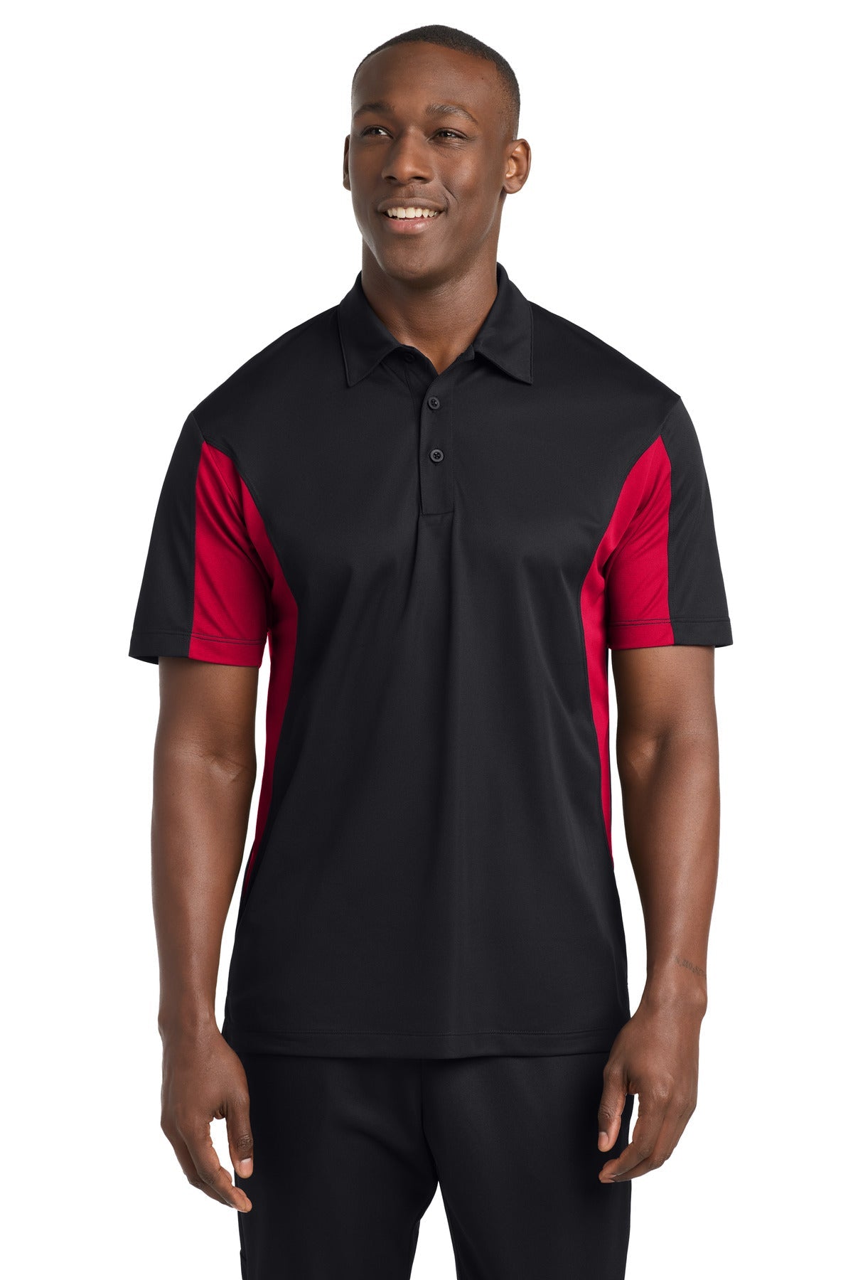 Front View of Blk/DpRed Sport-Tek Side Blocked Micropique Sport-Wick Polo. ST655