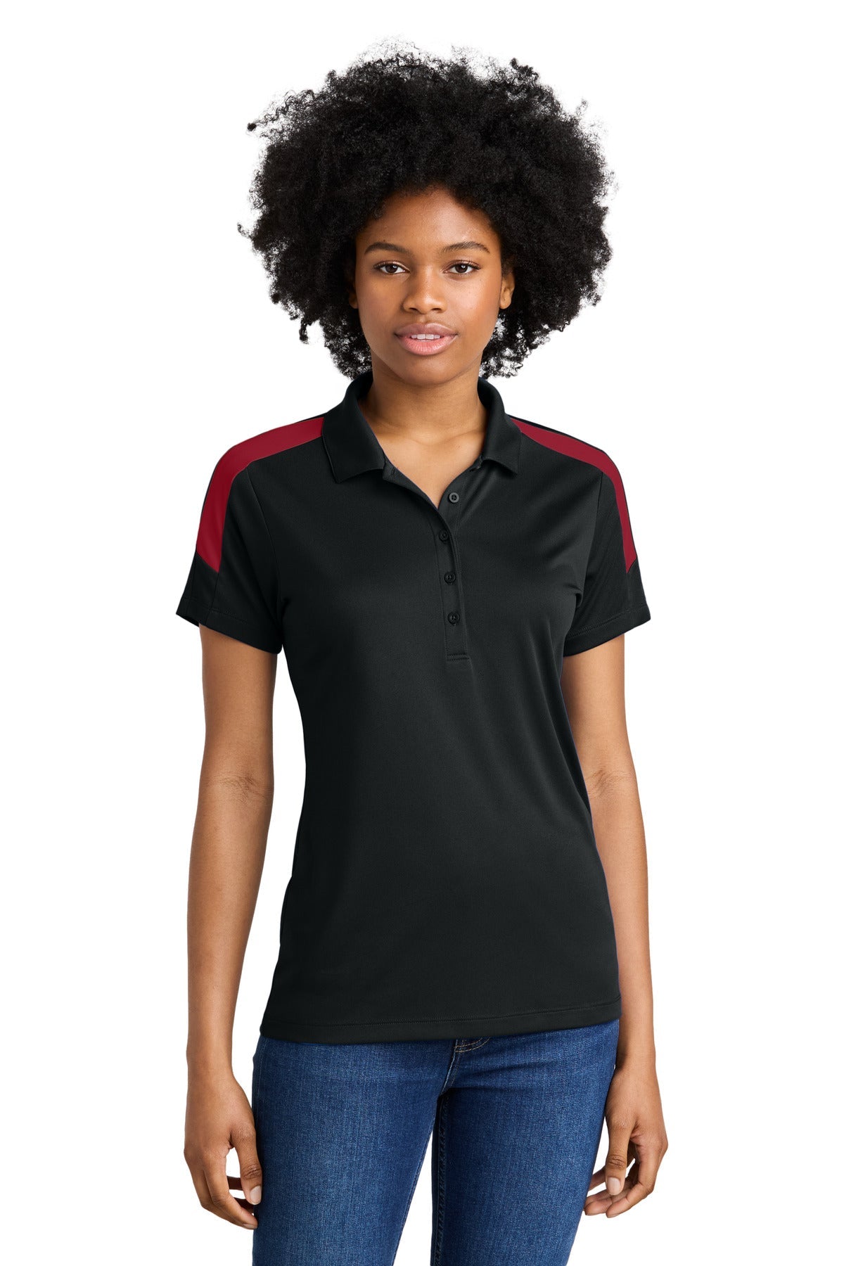 Front View of Blk/DpRed Sport-Tek Women's Competitor United Polo LST104
